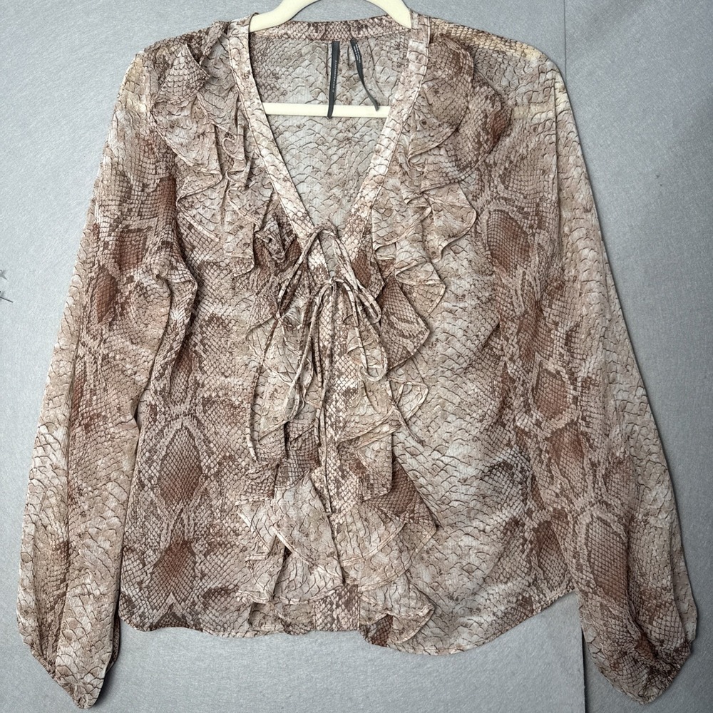 Anthropologie Snake Top Womens XS Brown Ruffle Sheer Python Y2K Western